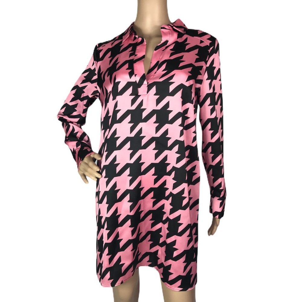 River Island Ladies Mini Dogtooth Check Swing Dress Size 10 Pink Long Sleeve - Picture 1 of 8